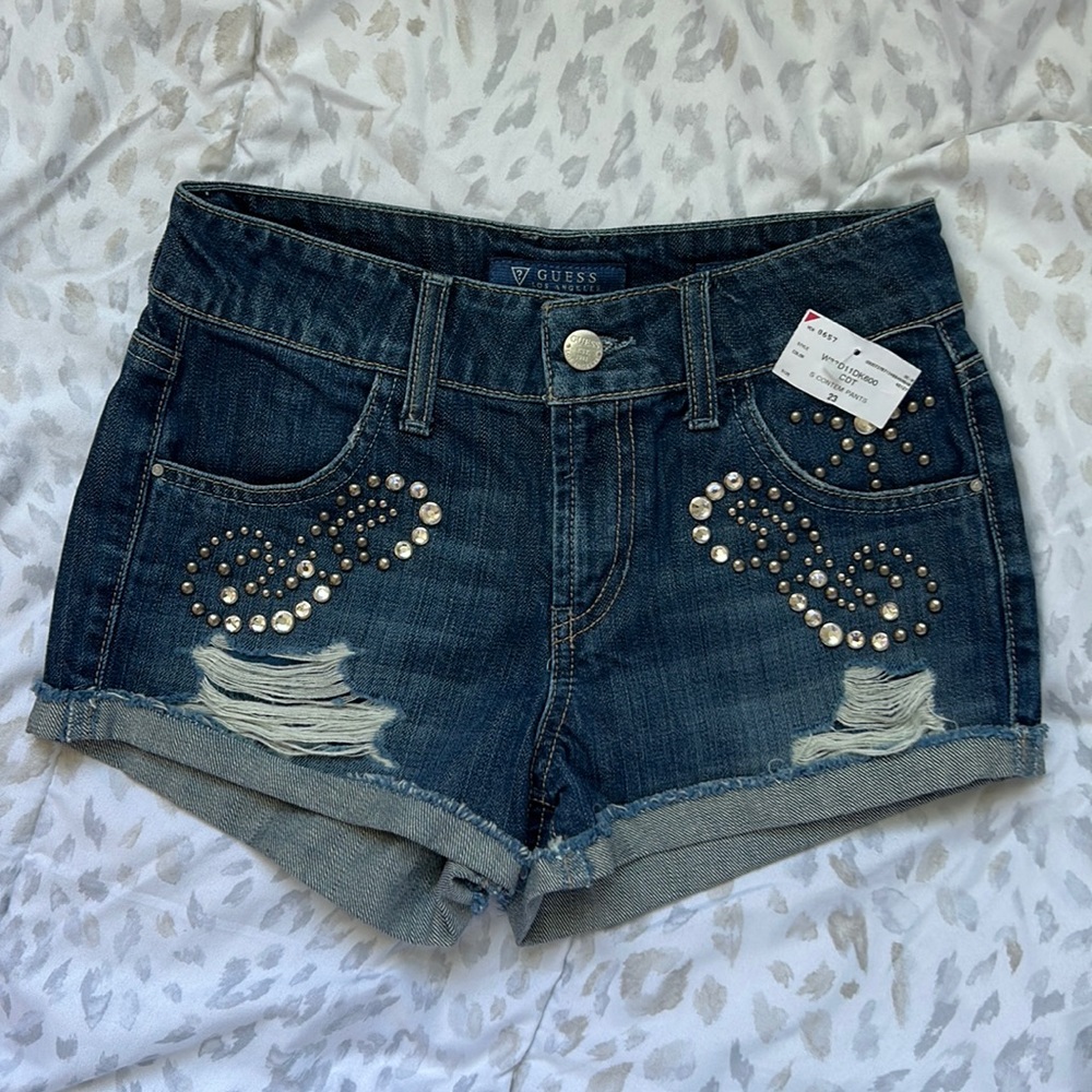 Guess Dark Blue Denim Jean Shorts with Stud Embellishments worn one time